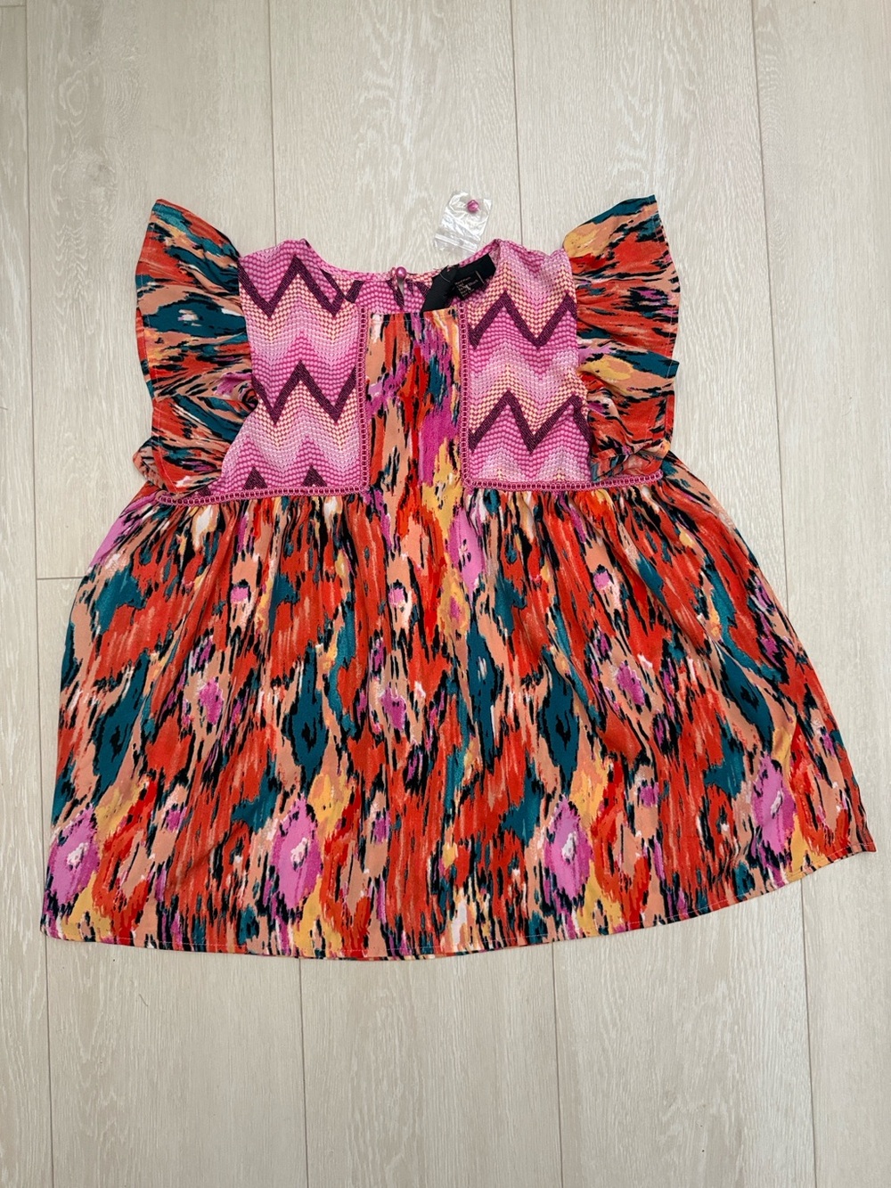 Rain Vibrant Flutter-Sleeve Blouse in Pink & Teal